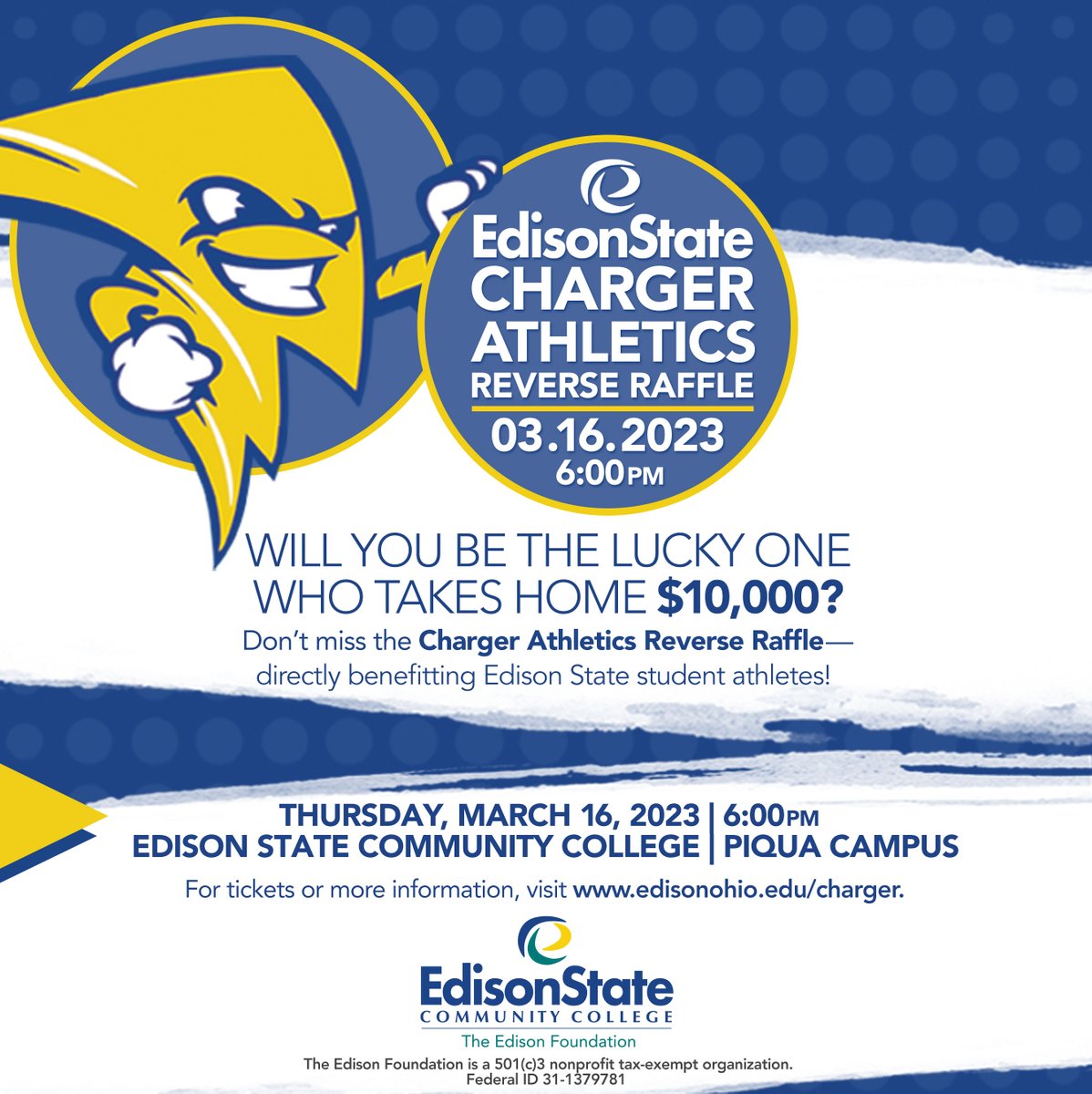 ESCC_Chargers's tweet photo. The Charger Athletics Reverse Raffle is only two weeks away! Each ticket purchased supports Edison State student-athletes. Get yours: https://t.co/88EMlMvG3c https://t.co/hev0JxqWKG