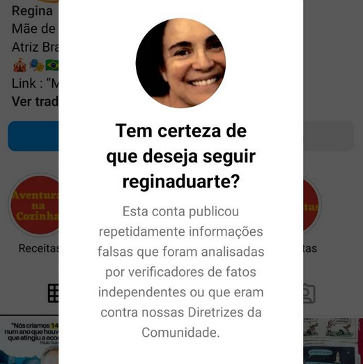 slpng_giants_pt's tweet photo. O Instagram está alertando o risco de exposição a fake news para quem tenta seguir a extremista Regina Duarte.

A pergunta que não quer calar é: não é mais fácil suspender a conta? 🫠 https://t.co/bJXRMBgXny