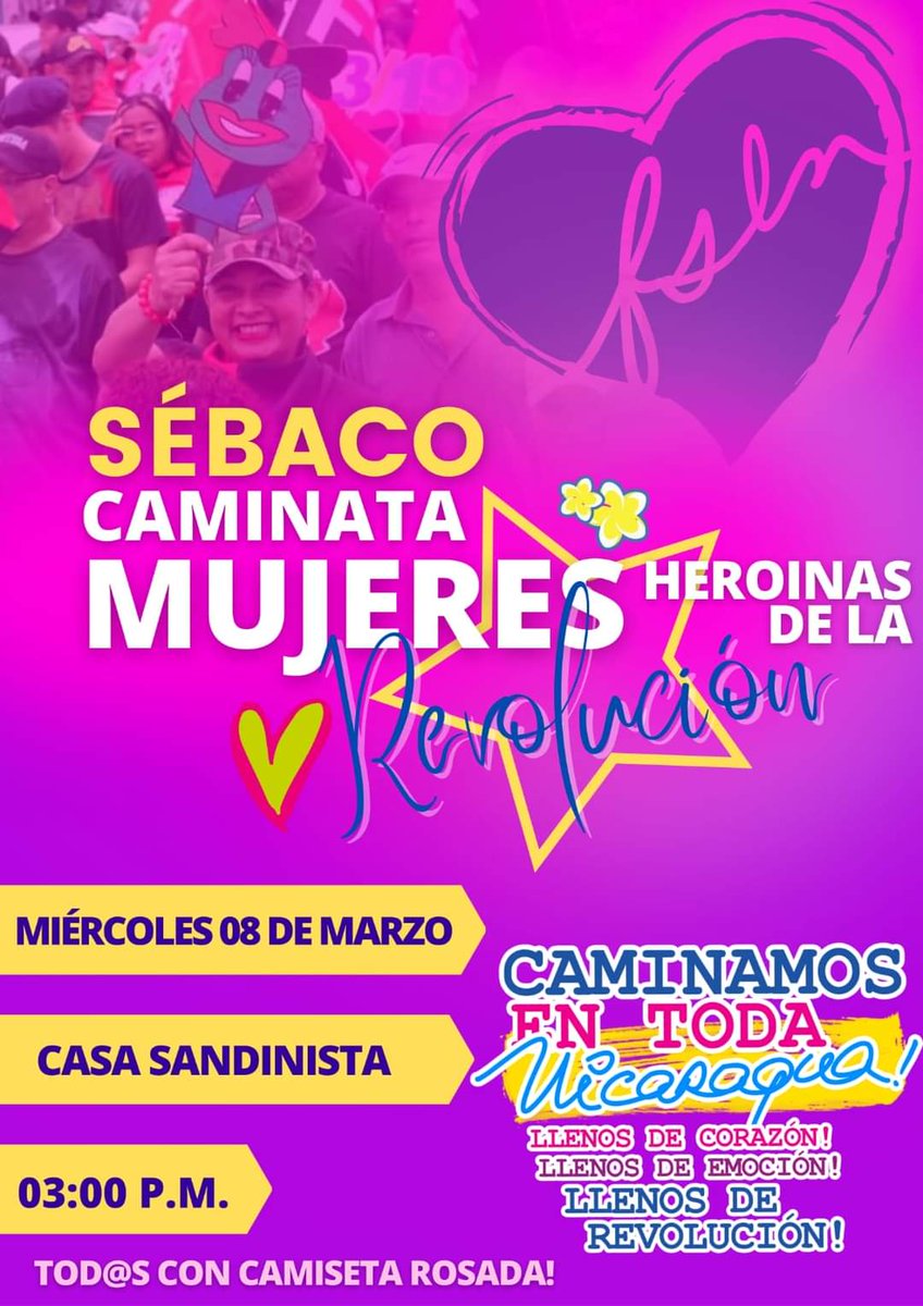 huella_sandinis's tweet photo. Tod@s este miércoles 8 de marzo, nos reuniremos para ir a la Caminata "Mujer Heroína de la Revolución". Saliendo de la Casa Sandinista en #Sebaco a las 3:00 pm.
#UnidosEnVictorias
#VictoriasYEsperanzas
@FloryCantoX @Atego16 @Amanecerabz https://t.co/cXrGJNlxq5