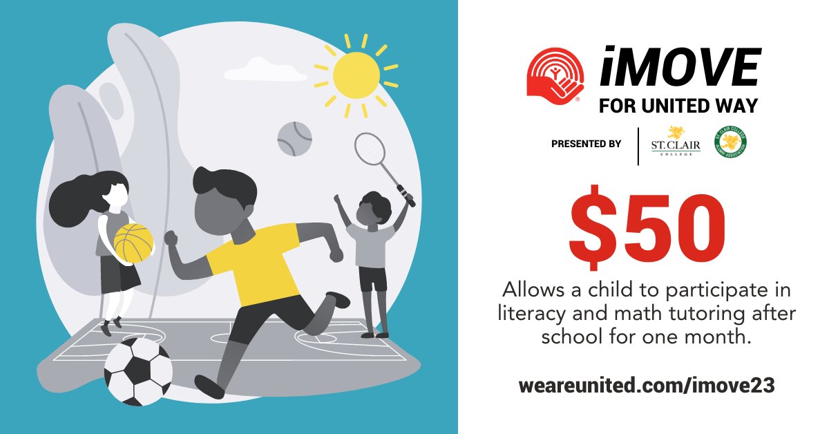 UnitedWayWECK's tweet photo. #iMove23 is supporting local kids across #YQG through Ignite Academy. Your gift can make a difference and stays 100% local! โค๏ธ $50 allows a child to participate in literacy & math tutoring after school for one month โ Get up for kids' sake today: https://t.co/UON2OemgpP https://t.co/CPNbwFhNdb