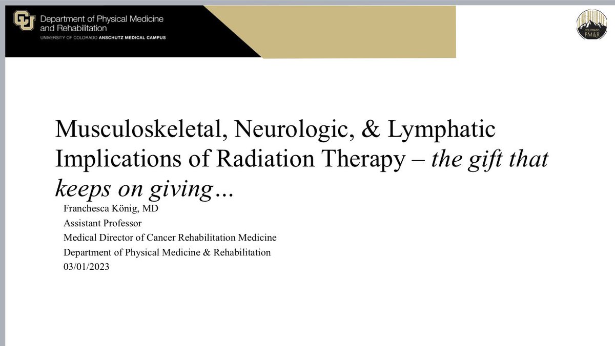 1st grand rounds at @CUPhysMed in the books.🤘🏽 With 18.1 million survivors in the US and nearly 2/3 of pts receiving RT during their cancer course, it’s important for all #physiatrist to be able to recognize RT related side effects. #CancerRehab for the win again!