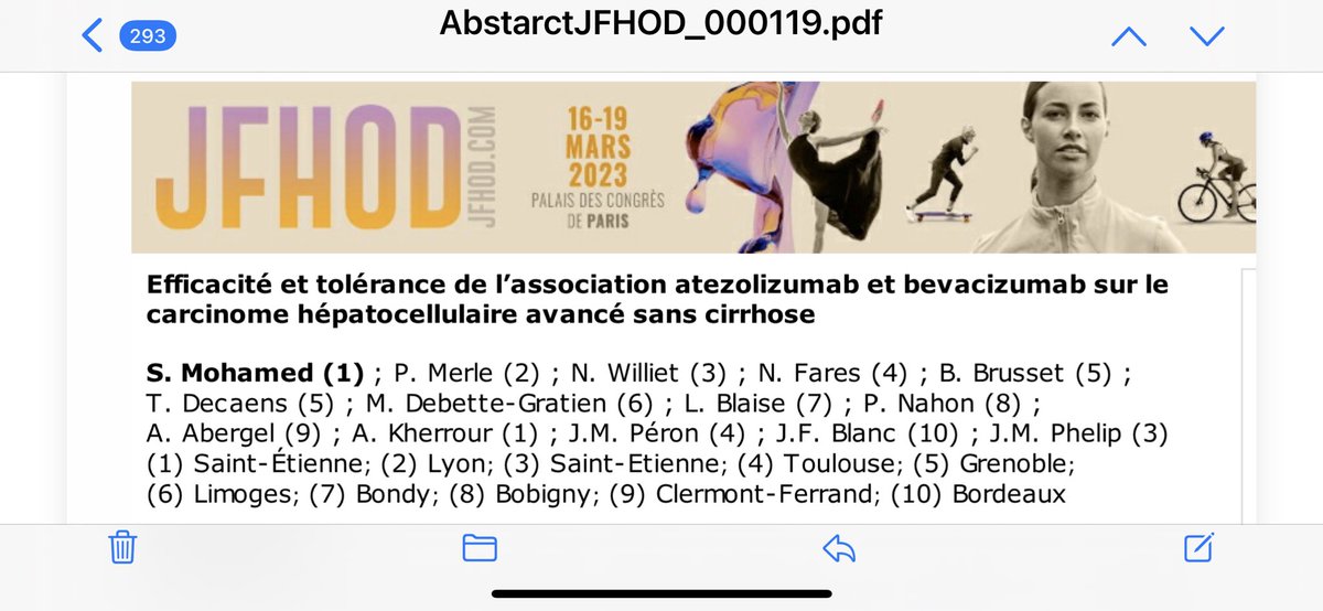 La présence d’une cirrhose : facteur prédictif et/ou pronostique d’efficacité de l’atezo+beva dans le CHC avancé ? Communication orale acceptée au congrès français d’HGE et d’oncologie digestive (JFHOD) le 19 mars au palais des congrès de Paris #jfhod #ichuse #chuse