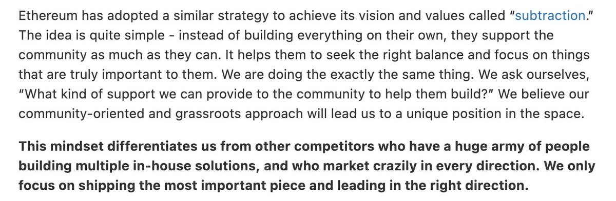 yezhang1998's tweet photo. This is exactly part of our philosophy @Scroll_ZKP ! 

Focus on the most important piece, lead the right direction, and support our community to build!

Too many in-house directions means
1. less focused
2. compete with your community (imagine Ethereum builds its own layer 2) https://t.co/9HdNA80Qs3