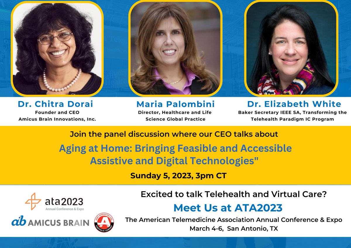 amicusbrain's tweet photo. Join our CEO at the #ATA2023 this weekend.
The panel will discuss about "Aging at Home: Bringing Feasible and Accessible Assistive and Digital Technologies" on Sunday 5, 2023, 3:00PM
https://t.co/DHNbLr2FaT #GoTelehealth @AmericanTelemed #amicusbrain #dementia #alzheimers https://t.co/XYLkUma89n