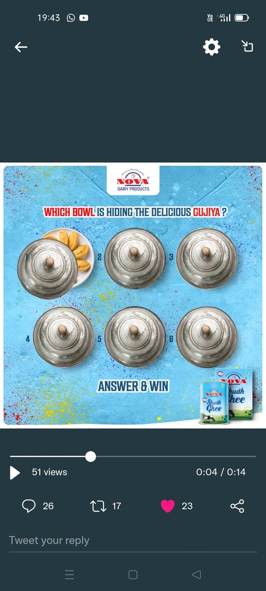 @novadairy @novadairy

Ans ➡️ Bowl No.1 has Gujiyas 

#contestalert #giveaway #ghee #novaghee #holi #holiweek #gujiya #sweets #dairy #dairybrand #celebrations

Join
@gadhiya_hema @Rahulrahs @RubyAga9339 @godsowntalk @Navyavegi