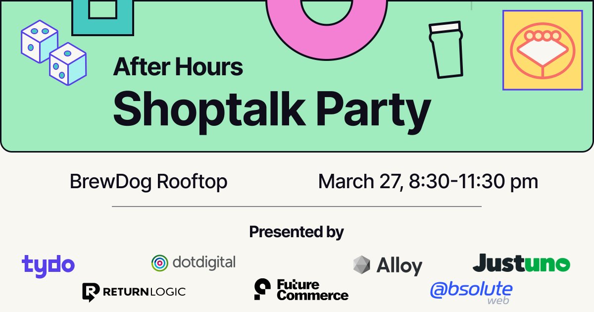 If you're heading to <a href="/shoptalk/">Shoptalk</a> this month, add the after party to your schedule. 

Mon. March 27th, 8:30pm. Be there.

Don't forget to register: bit.ly/3kFvdfq

<a href="/TydoTweets/">Tydo</a> <a href="/dotdigital/">Dotdigital</a> <a href="/alloyautomation/">Alloy Automation</a> <a href="/justunosocial/">Erik Christiansen | CEO Justuno</a> <a href="/futurecommerce/">Future Commerce</a> <a href="/itsabsoluteweb/">Absolute Web</a>
 #Shoptalk2023