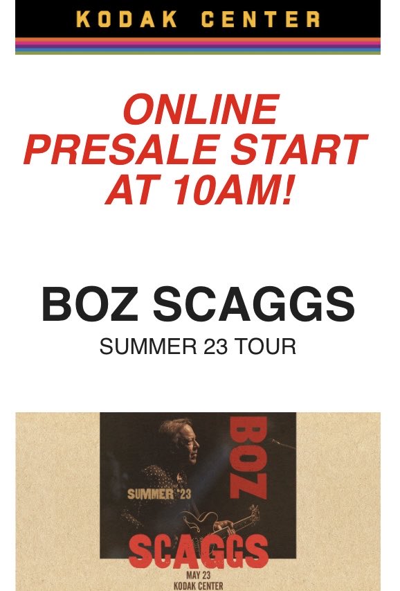 Would I enjoy seeing #BozScaggs? Sure. Will I take #KodakCenter’s bait on a pre-sale, only to choke on ⁦@Ticketmaster⁩’s unctuous fees? 

No effin’ way. 

Offer the presale at the box office, and maybe I’ll go.