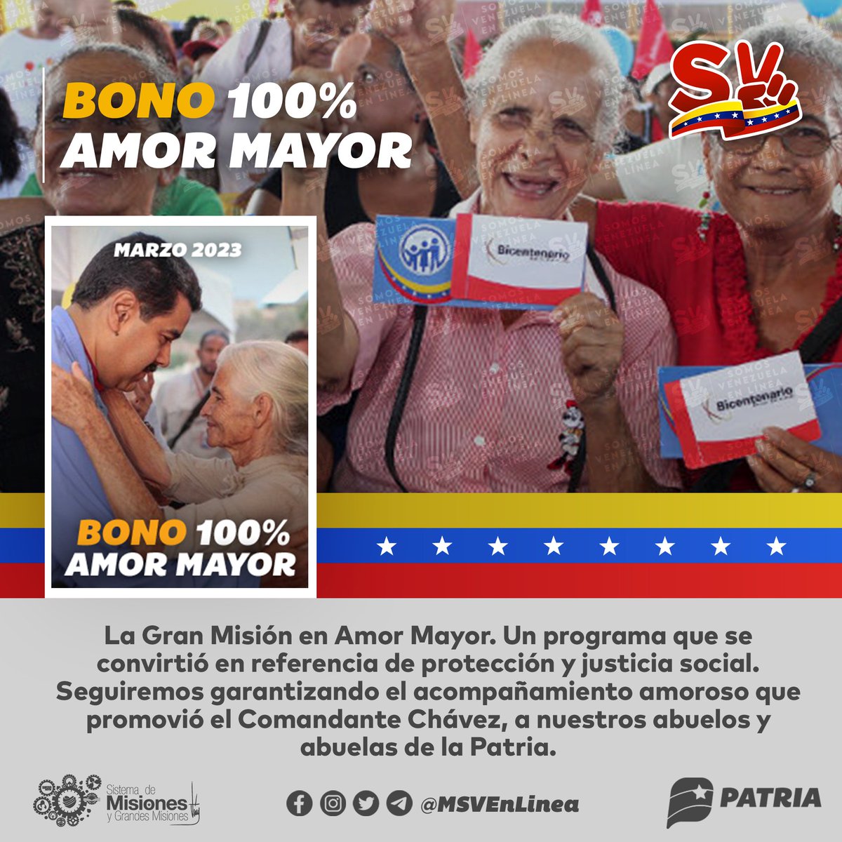 🚨 #ÚLTIMAHORA || Inicia el pago de la Gran Misión Amor Mayor (Marzo 2023) enviado por nuestro Pdte. <a href="/NicolasMaduro/">Nicolás Maduro</a> a través del Sistema <a href="/CarnetDLaPatria/">Carnet de la patria</a>.  

<a href="/MSVEnLinea/">Somos Venezuela | MSVEnLinea</a> #TuiteroPatria #02Mar #ProducirEsIndependencia