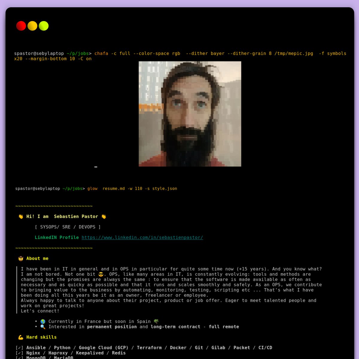 elsuperseby's tweet image. Just got a recruiter begging for a  CV . My linkedIn profile is my resume ... but on second thought I did a new version (not the one in docx 🤮format that could be tampered with)
 I wrote it in Mardown and made it pretty using @charmcli .

What do you think?

#job #sre #sysops