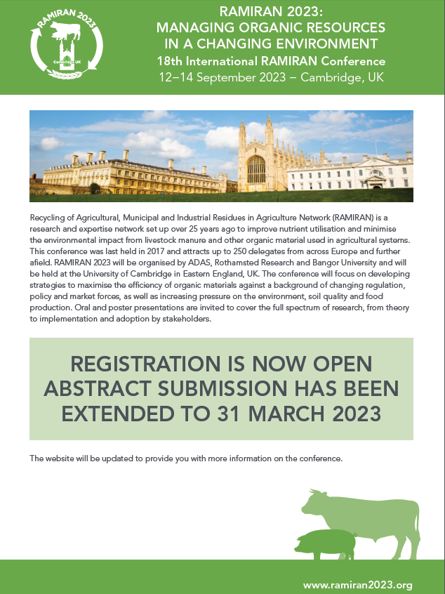 ramiran2023's tweet photo. ⭐DEADLINE EXTENDED⭐
You now have until 3️⃣1️⃣ March 2023 to submit your research abstract for the RAMIRAN Conference📝
Conference themes, abstract guidelines and template can all be found👇
https://t.co/NPopsa5tGN
#manures #slurry #SoilHealth #organic https://t.co/DHrpxay6G2