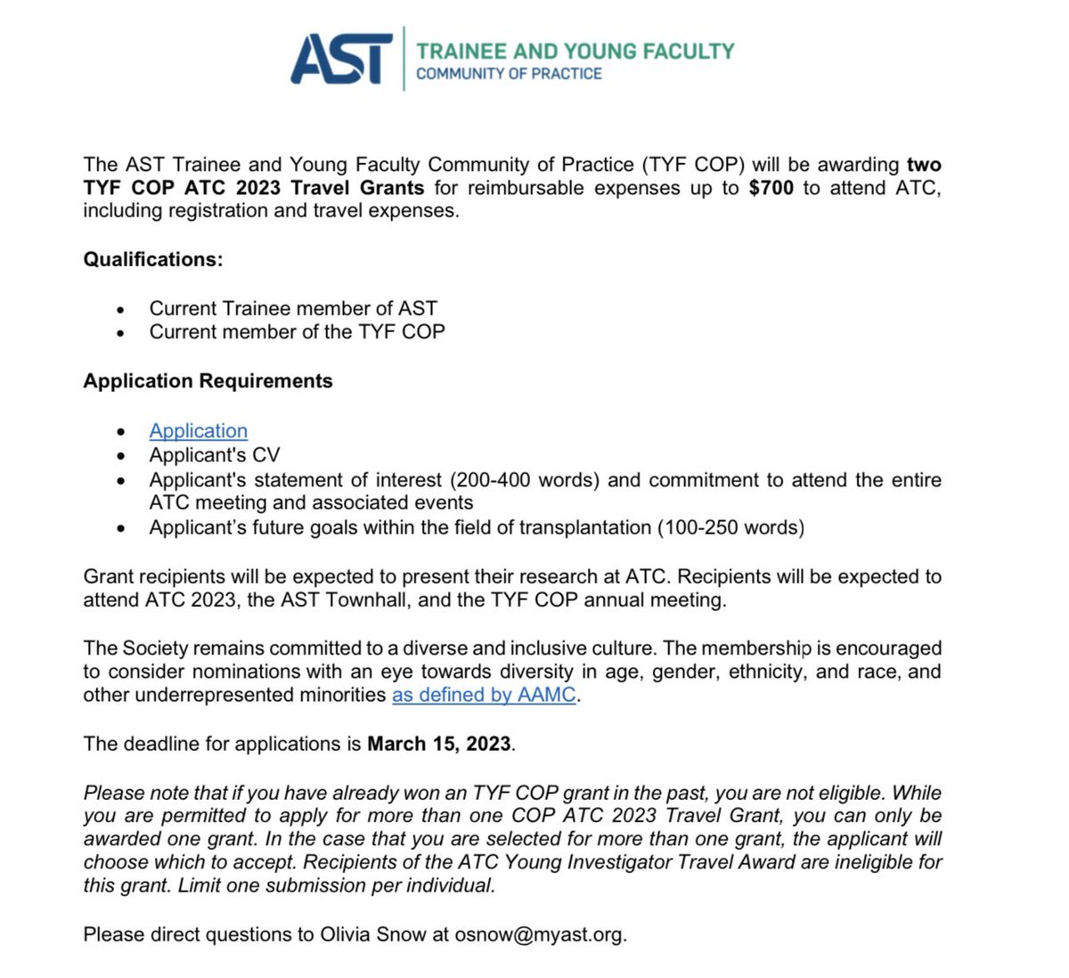 AST Trainee & Young Faculty COP (@ast_tyfcop) on Twitter photo 📣 Excited to attend the <a href="/AST_info/">American Society of Transplantation (AST)</a> #ATC2023 ?
💵 How about a $700 #travelgrant to help with the expenses ?
✈️ We are awarding *TWO* travel grants to members of <a href="/AST_TYFCOP/">AST Trainee & Young Faculty COP</a> !
🗓️Last date of application : March 15
See below@for@more information 👇🏽 📣 Excited to attend the <a href="/AST_info/">American Society of Transplantation (AST)</a> #ATC2023 ?
💵 How about a $700 #travelgrant to help with the expenses ?
✈️ We are awarding *TWO* travel grants to members of <a href="/AST_TYFCOP/">AST Trainee & Young Faculty COP</a> !
🗓️Last date of application : March 15
See below@for@more information 👇🏽
