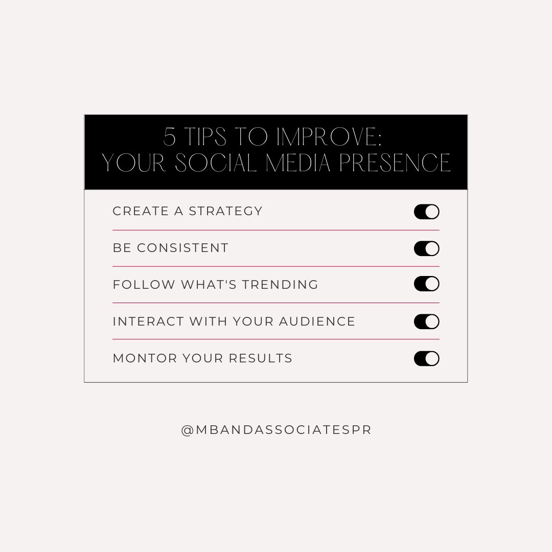 Ready to level up your social media presence? Follow these simple tips to increase your engagement and reach your target audience!
 
 #mediarelations #publicrelations  #PRstrategy   #PRtips #influencerrelations #socialPR #socialstrategy #socialmedia #influencers #PR