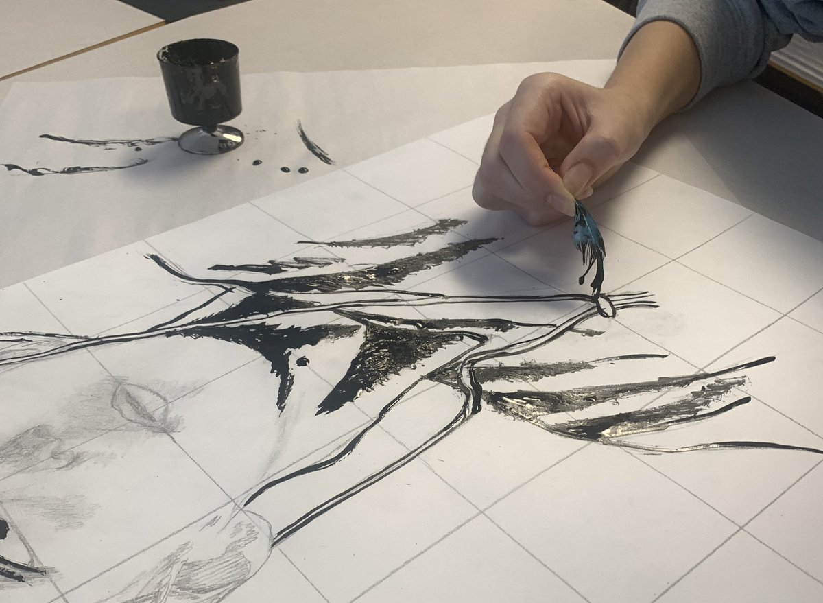 CPAFineArts's tweet photo. Art 12 ink portraits in the works using experimental mark making; toothbrushes, forks, feathers, paper clips, and cotton swabs! https://t.co/j23k94OaFt