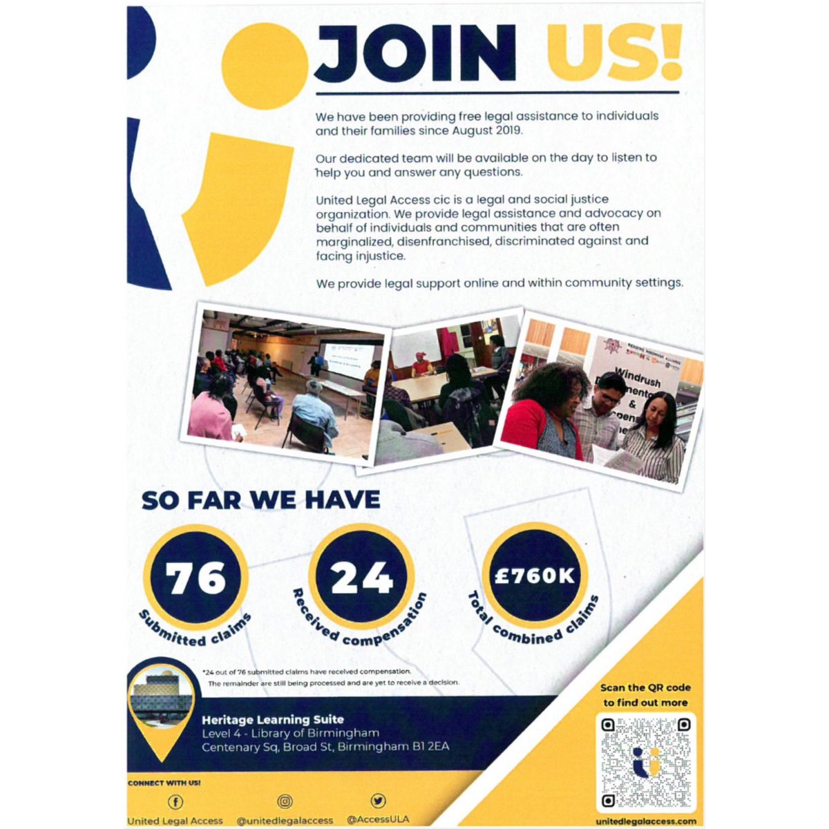 Important #meeting for your diaries 👇🏾

United Legal Access in #collaboration with #Birmingham City Council will be holding Windrush Compensation Scheme information sessions on the 8th and 11th of March 2023.