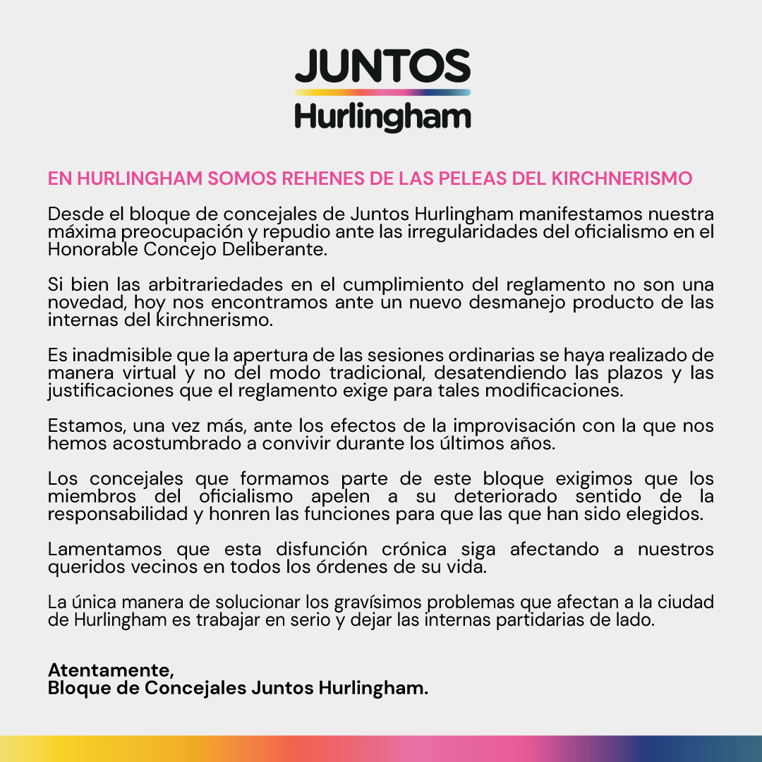 En Hurlingham somos rehenes de las peleas del kirchnerismo. Desde @juntoshur le exigimos al oficialismo que apele urgente a su deteriorado sentido de la responsabilidad y se ponga a trabajar.👇
