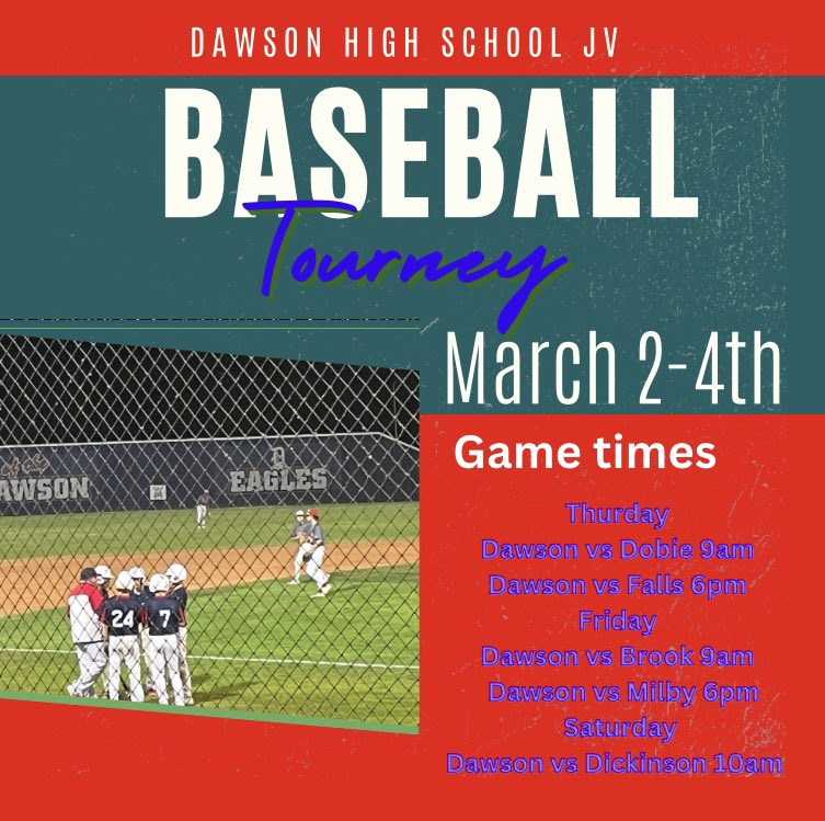 dawson_baseball's tweet photo. JV at home this week
Dawson Eagles Tournament
⚾️ Times
9am & 6pm
Purchase tickets online
https://t.co/EMrVopUG7A
Let’s Go 🦅
#dawsoneaglesbaseball #gameday #family #tourneyseason #baseballishere #jvseason https://t.co/IjIoxlxlMA