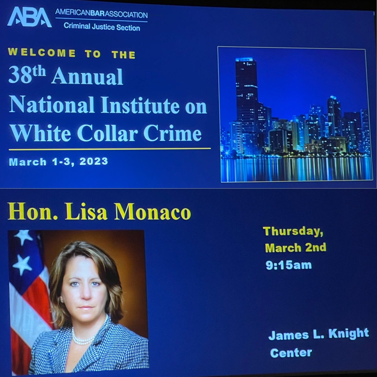 I’m sitting in the auditorium waiting for today’s sessions to start. The first speaker is Deputy Attorney General Lisa Monaco, the #2 person at the Dept of Justice. She runs the place. When she gives a talk, it is always something new and notable. I feel so grateful to be here.