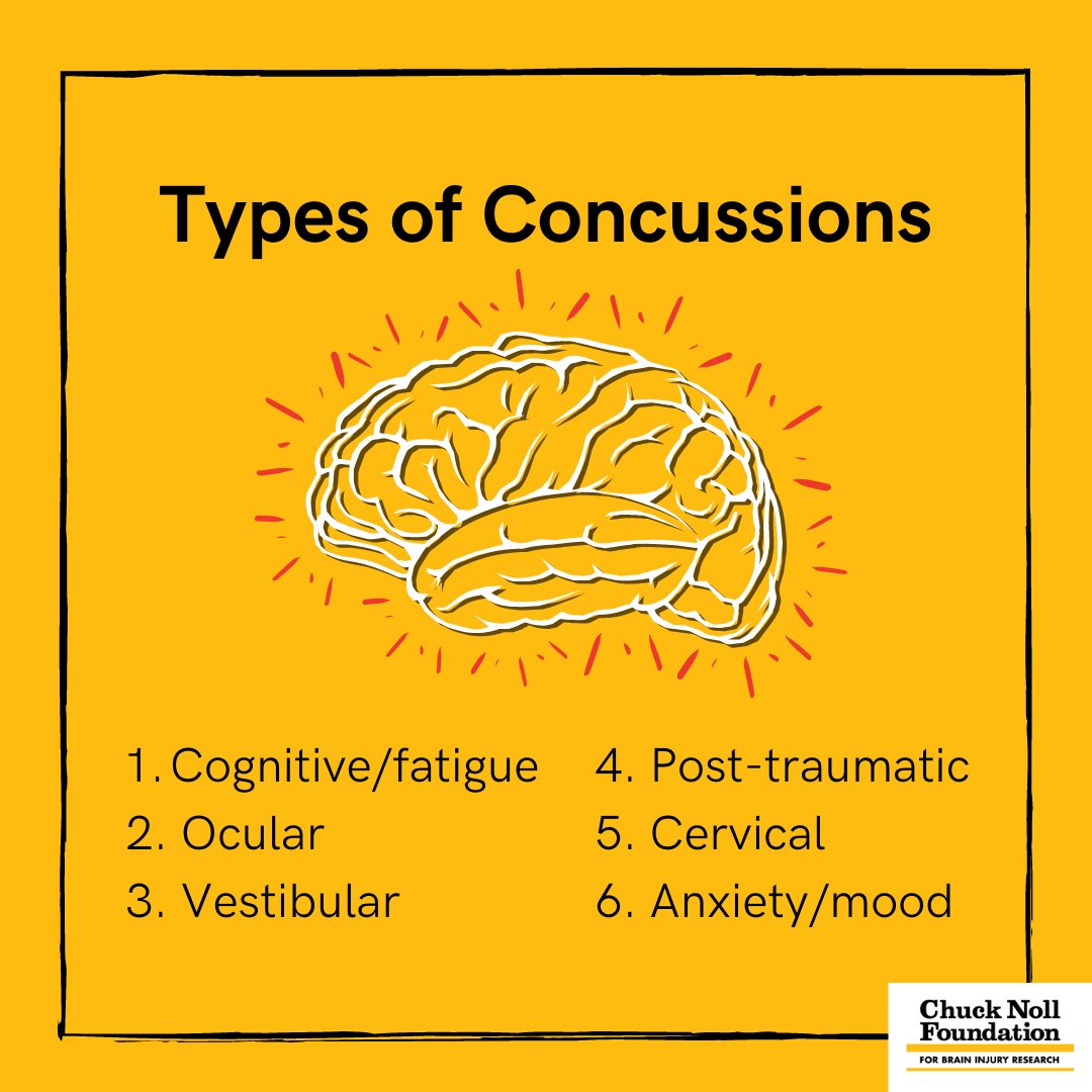 Did you know there are different types of concussions?🤔

🧠Cognitive/Fatigue
🧠Ocular
🧠Vestibular
🧠Post-traumatic
🧠Cervical
🧠Anxiety/Mood

#concussionsafety #braininjuryresearch #chucknollfoundation