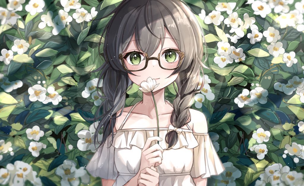1girl flower solo braid holding green eyes glasses  illustration images