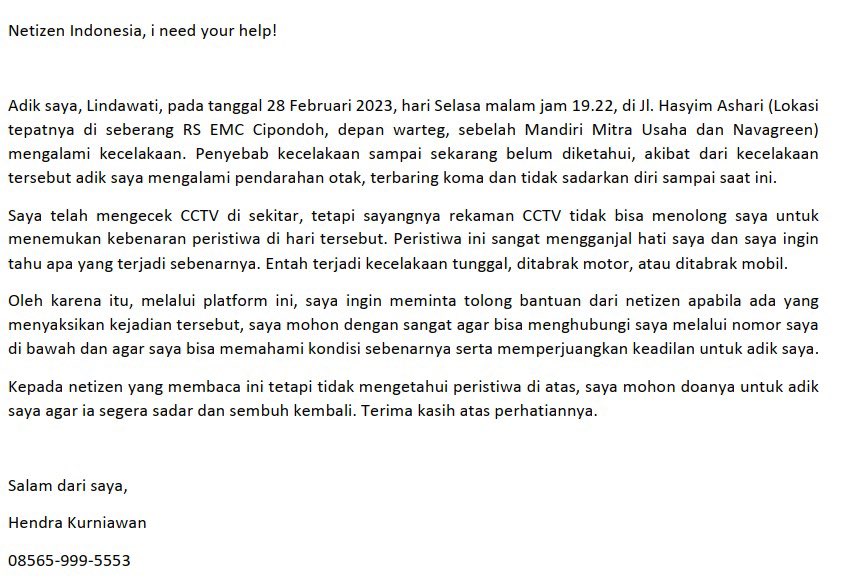 Twitter do your magic, please.

Ini cerita dari temen gw dan sampe hari ini adiknya belum ada tanda-tanda akan sadar dalam waktu dekat.