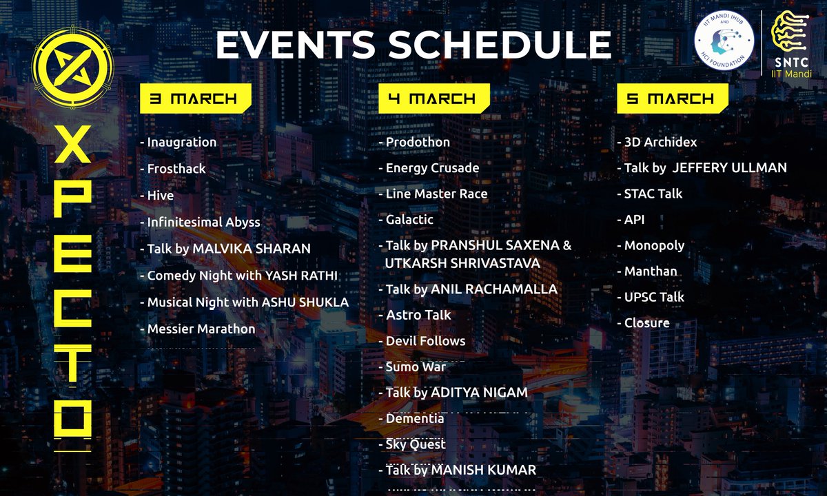 XpectoTech's tweet image. Get ready to witness the power of technology! Join us for 3 action-packed days at Xpecto, the ultimate techfest of IIT Mandi. Don&apos;t miss out on this incredible opportunity to learn, innovate and connect with like-minded tech enthusiasts.

#Xpecto #Techfest #IITMandi #Innovation