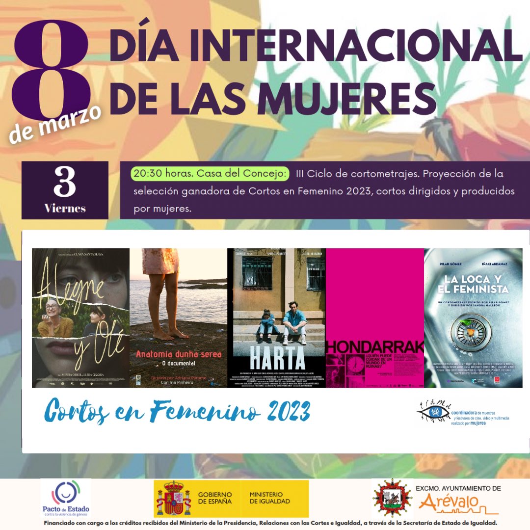 Mañana viernes comienza el 'tour' de #CortosenFemenino de esta edición en el municipio de Arévalo (Ávila). 🎥✈️
👉🏼Se proyectarán los 5 #cortometrajes ganadores del certamen 2023 dentro de las actividades programadas en torno al 8 de marzo. 
#cinerealizadopormujeres #elcortoescine