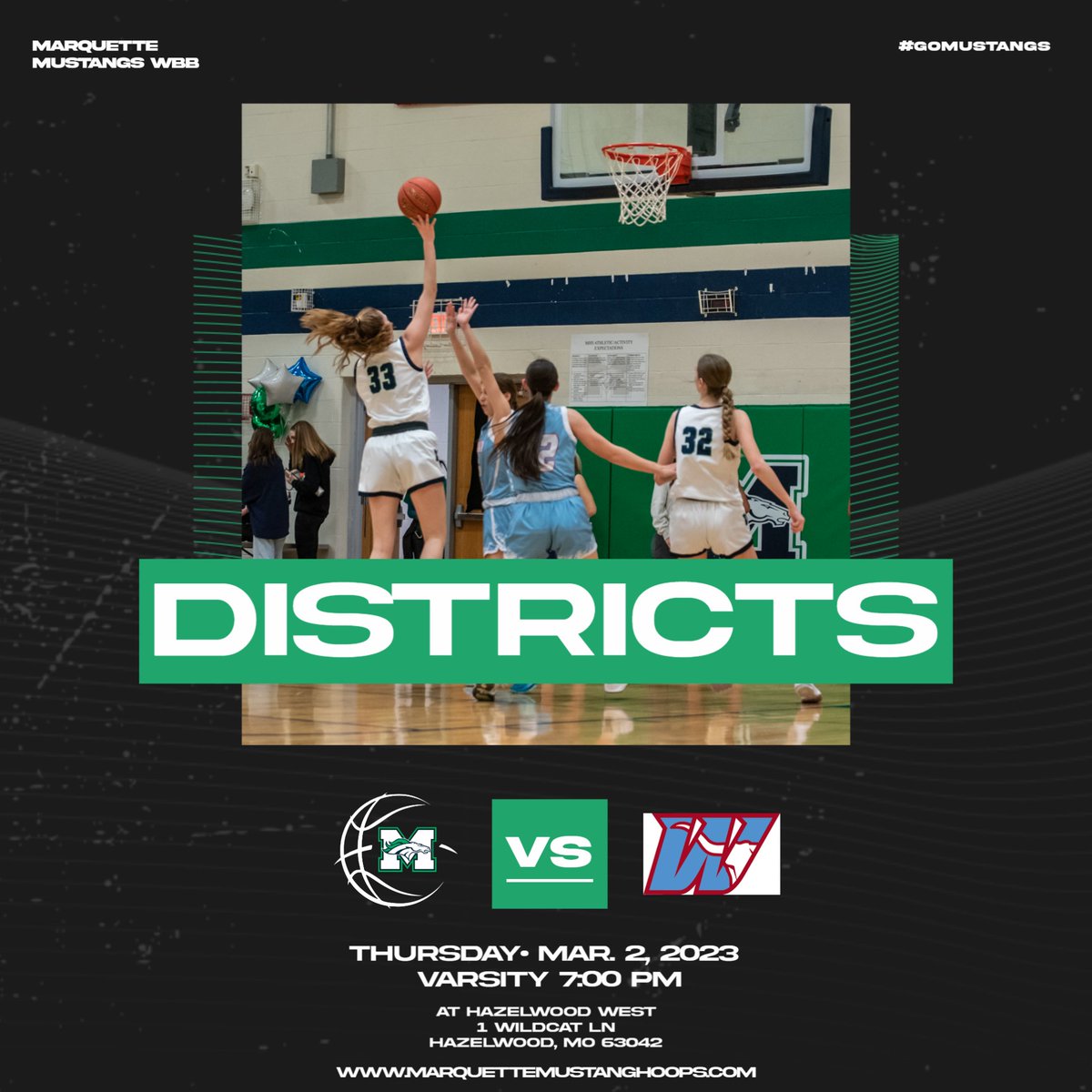 🚨ITS GAMEDAY !!!🚨

Your MUSTANGSWBB take on the Longhorns in round 1 #C6D3

⏰: 7:00pm
🆚: Parkway West
📍: Hazelwood West
📽️: mshsaa.tv/?S=hazelwoodwe…
📊: stats.stlhighschoolsports.com/sports/basketb…
💻: marquettemustanghoops.com 
🔗: mshsaa.org/Activities/Dis…

 #GOMUSTANGS #stlpreps #mopreps #stlhoops