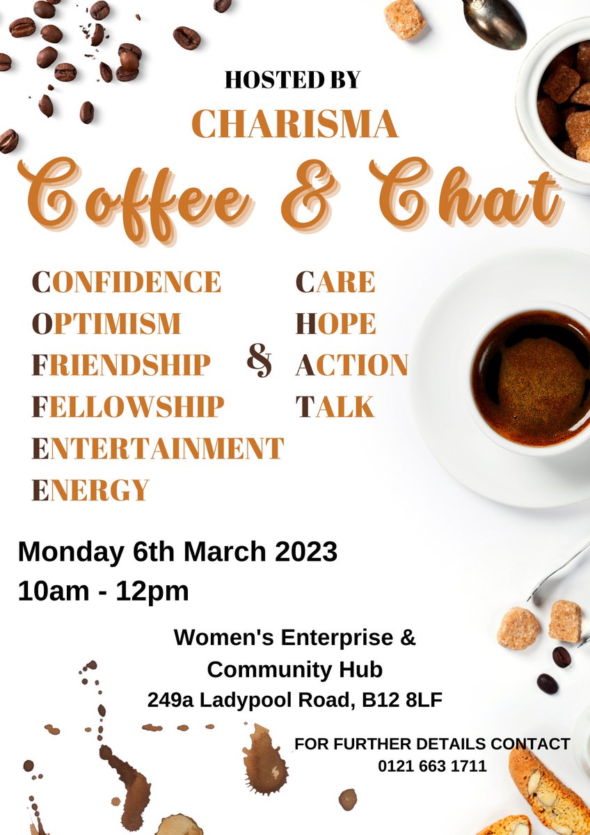 Join us on Monday at <a href="/womenandent/">Women & Enterprise</a> for #CoffeeAndChat with Charisma 10am-12pm. Free of Charge and all are welcome! ☕️🍪🫖