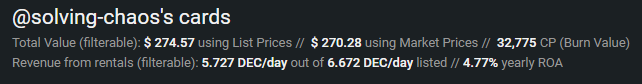 solving_chaos's tweet photo. My Earnings in Feb for #Splinterlands NFT gaming:
- Feb 1-14 (~65 SPS) - guessing. Worth $1.60
- Feb 15-28 (85 SPS) - actual. Worth $2.30
- #FomoFeb card winning ~$50 (4 cards)
- rental income (very little)
- #P2E income will increase over time
#Investor #LongTermPlay #Level102 https://t.co/j9nesKJvLz