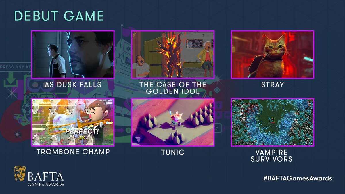 BAFTAGames's tweet photo. Introducing our Debut Game nominees! 🎉
🏆 AS DUSK FALLS
🏆 STRAY
🏆 THE CASE OF THE GOLDEN IDOL
🏆 TROMBONE CHAMP
🏆 TUNIC
🏆 VAMPIRE SURVIVORS
#BAFTAGamesAwards https://t.co/ffu4ChEzAI