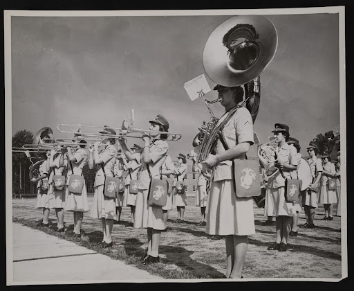 In recognition of #MarchingMusicDay we are highlightng #Marine Musicians first official band of the #MarineCorpsWomensReserve which was organized at #CampLejeune, N.C., training center for the women Marines. Photograph by Lt. Fuller 1944. 
#WomensHistoryMonth #USMC