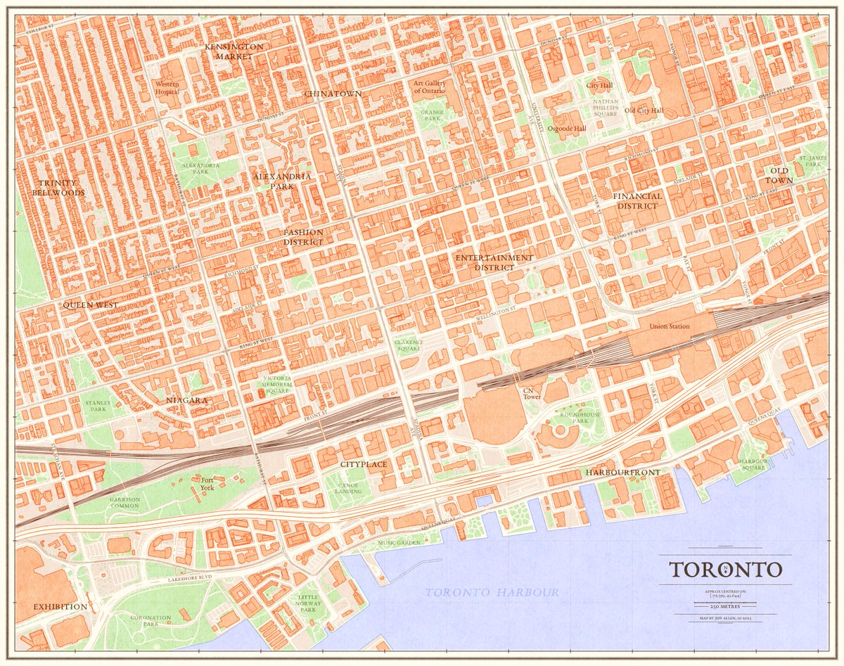 side project from a few weeks ago --- a vintage-ish-style map of a slice of toronto