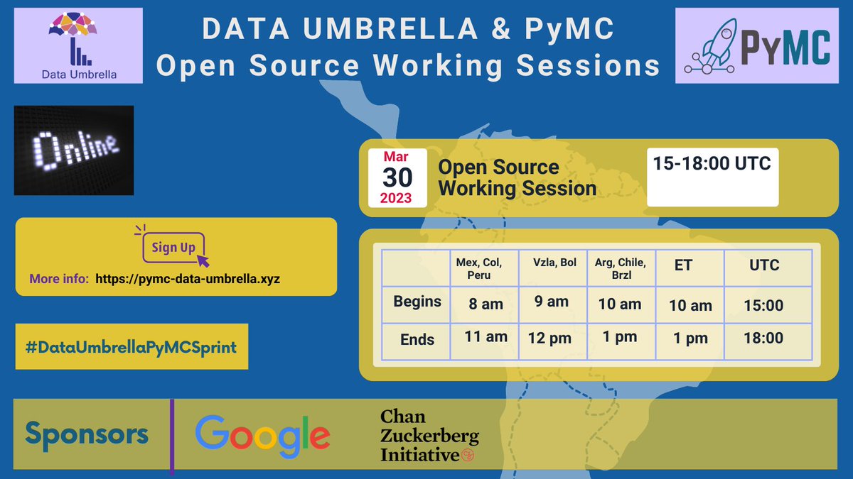 Data Umbrella (@dataumbrella) on Twitter photo 🧵
📣Join us: *online* working session to contribute to
<a href="/pymc_devs/">PyMC Developers https://bayes.club/@pymc</a> #oss
👉🏽with a focus on underrepresented persons in #DataScience & Latin America
🗓️ Mar 30, 2023: 15-18:00 UTC
Submit a registration form:
pymc-data-umbrella.xyz/en/latest/2023… 🧵
📣Join us: *online* working session to contribute to
<a href="/pymc_devs/">PyMC Developers https://bayes.club/@pymc</a> #oss
👉🏽with a focus on underrepresented persons in #DataScience & Latin America
🗓️ Mar 30, 2023: 15-18:00 UTC
Submit a registration form:
pymc-data-umbrella.xyz/en/latest/2023…