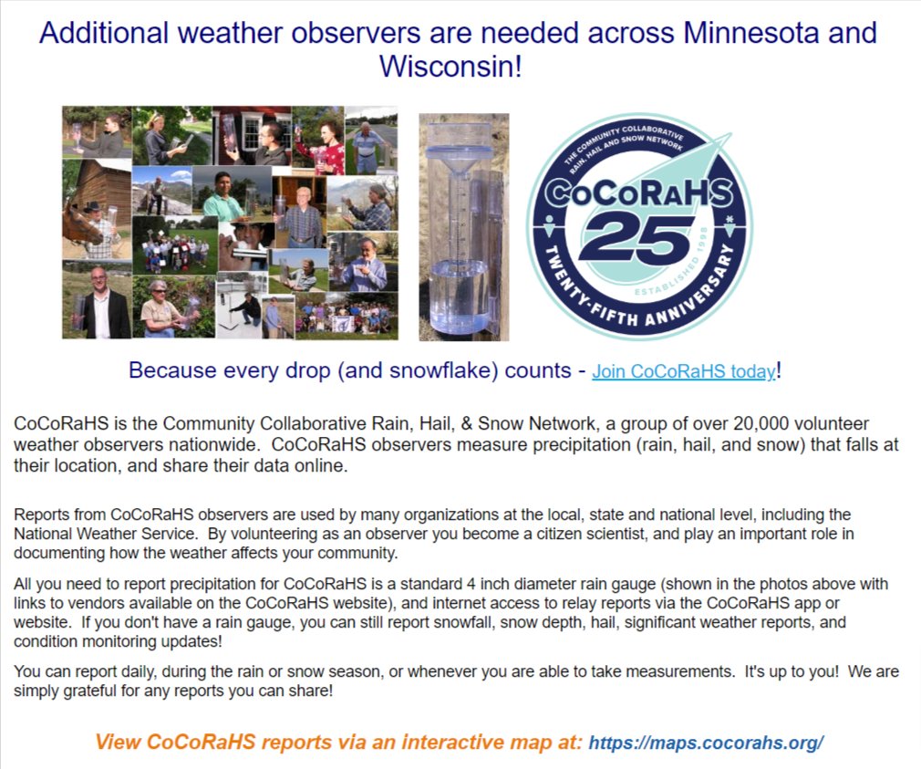 Weather observers needed across Minnesota and Wisconsin - Join CoCoRaHS, Please Retweet!

If you're in a rural area your observation would be really helpful, but additional observations are also welcome in more populated areas. 

https://t.co/375gRAK8iT https://t.co/zRhTUKoRI7