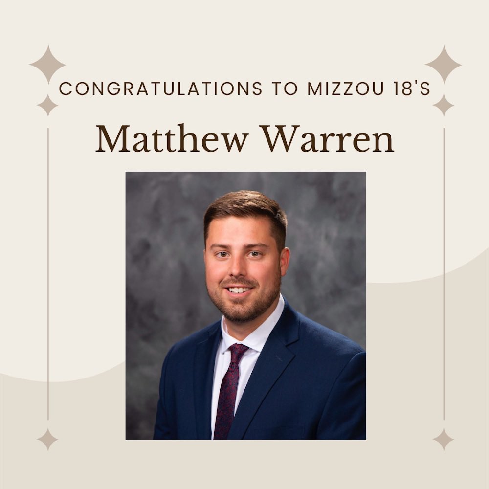 MULawSBA's tweet photo. Join us in congratulating Matthew Warren for being named as one of @mizzouAASB’s Mizzou 18 honorees. We are so proud of you, and thankful for all the contributions you’ve had to our community. Congrats @Schmatty5 ! #mizzou18 https://t.co/oeBGq6RP4M