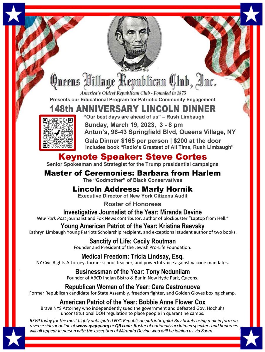 SteveCortes's tweet photo. Calling all NYC area patriots: join me March 19th for the Queens Village Republican Club’s 148th annual Lincoln Day dinner.
I’ll be the keynote speaker.
Signup here: https://t.co/we95GGwR5j
See you in Queens! https://t.co/3dwU9kGgtw