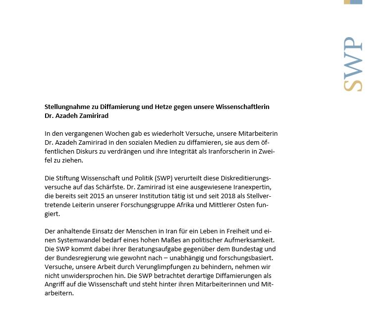 SWPBerlin's tweet photo. Stellungnahme aufgrund wiederholter Anfeindungen gegenüber unserer Kollegin Azadeh Zamirirad. 

1/3 https://t.co/6GbetMUPd6