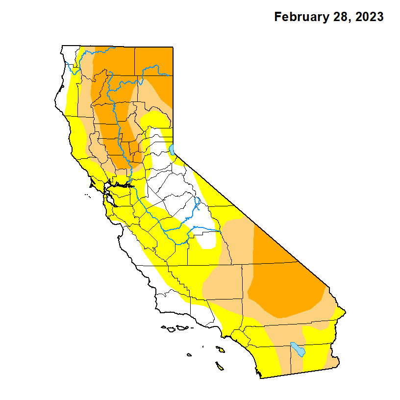 craigkcollins's tweet photo. Before and after the deluge. The California Drought Monitor Map from September and today. Brown is exceptional drought; red, extreme; orange, severe; tan, moderate; yellow, abnormally dry; white, none. #Californiadrought #CaliforniaSnow https://t.co/9qhWzaURmL