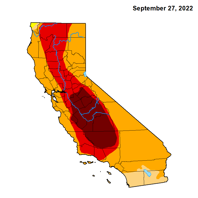 craigkcollins's tweet photo. Before and after the deluge. The California Drought Monitor Map from September and today. Brown is exceptional drought; red, extreme; orange, severe; tan, moderate; yellow, abnormally dry; white, none. #Californiadrought #CaliforniaSnow https://t.co/9qhWzaURmL