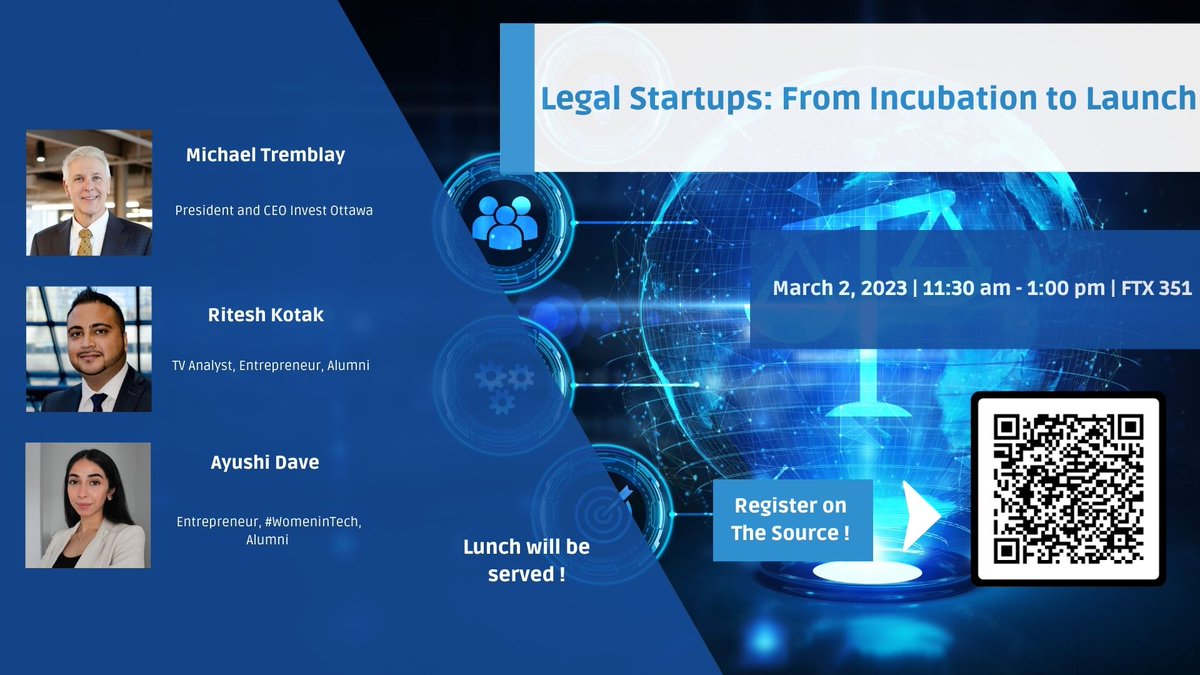 uocommonlaw's tweet image. Legal Entrepreneurs, cancel your lunch plans! 
 
You don't want to miss Legal Startups: From Incubation to Launch, today at 11:30, FTX 351. 
 
Register on the Source: ow.ly/jEpv50N76jm 
@RiteshKotak @DaveAyushi @mikegtremblay