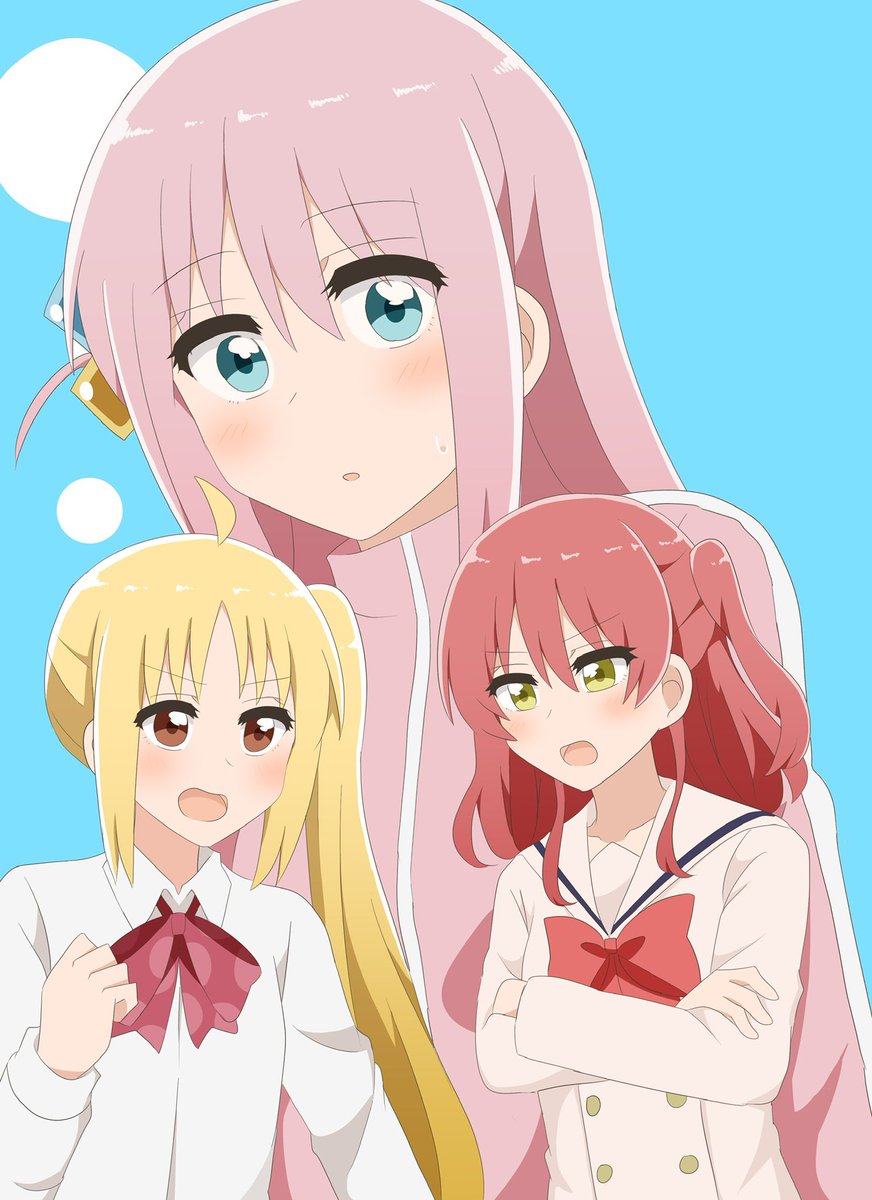 gotou hitori multiple girls pink jacket 3girls pink hair blonde hair school uniform long hair  illustration images