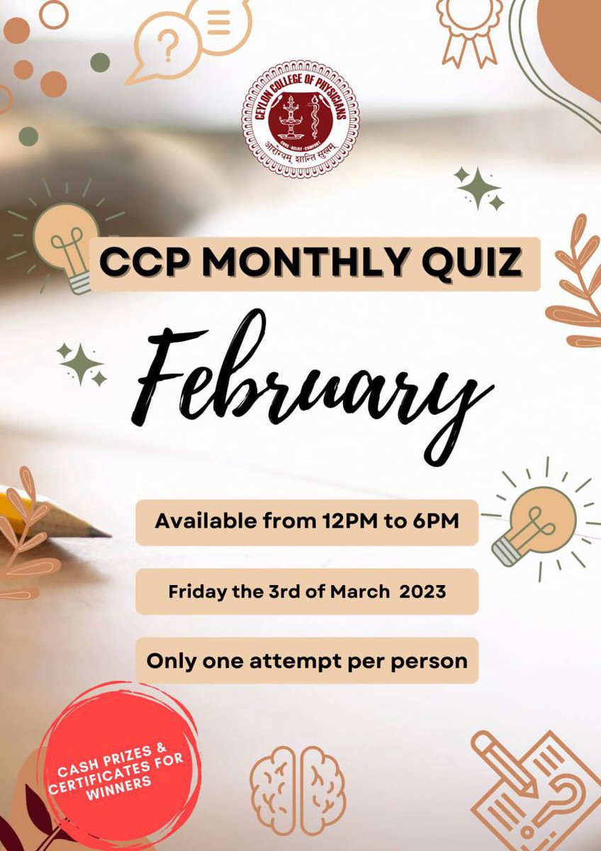 ccphysicians's tweet photo. The CCP Monthly Quiz will be going live on Friday!

Quiz will be available on the 3rd of March from 12pm to 6pm.

Attempt the quiz via CCP-Education at  https://t.co/R0aDCZ6QUd https://t.co/RRLQSLEmyC