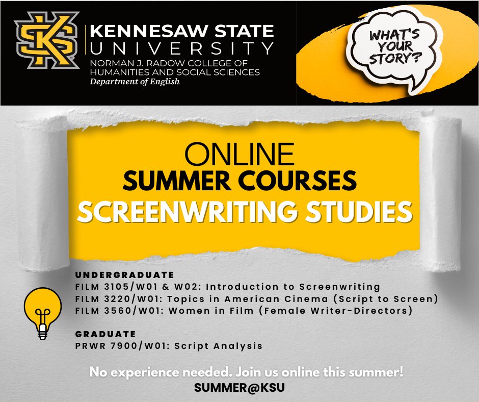 🎬 MAPW is offering in Summer 2023 a PRWR 7900 Special Topics class focusing on 𝗦𝗰𝗿𝗶𝗽𝘁 𝗔𝗻𝗮𝗹𝘆𝘀𝗶𝘀. Registration opens on March 10! 🦉 #getyourwriteon #screenwriting #scriptanalysis #kennesawstate #gradschool