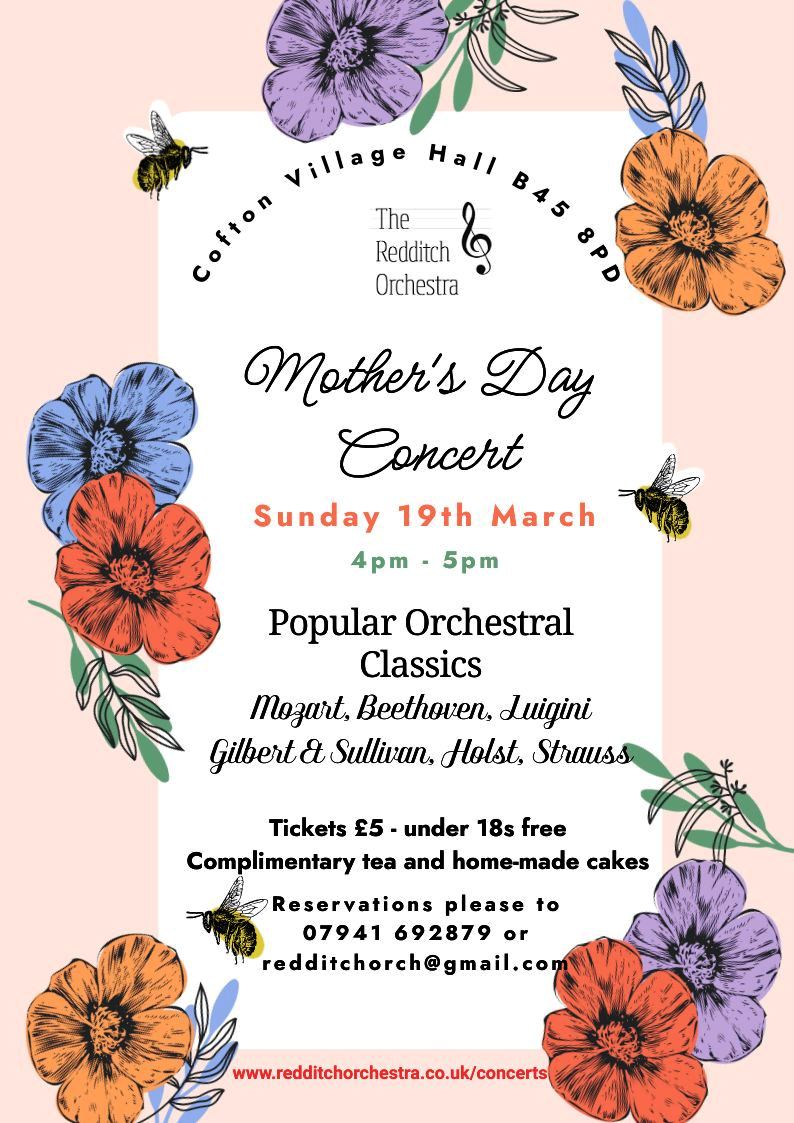 RedditchOrch's tweet photo. Upcoming concert alert - our concert at the new Cofton Village Hall on Mothers Day - Sunday 19th March @ 4pm. Do come and join us - it will be a lovely hour of classic orchestral music complete with a complimentary slice of home-made cake and a cuppa for everyone. Under 18s free https://t.co/rrmzC3JmZG