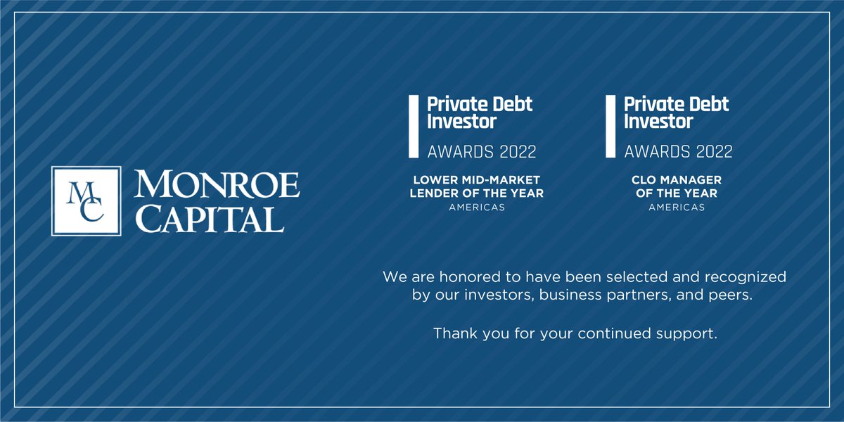 Monroe Capital (@monroecap) on Twitter photo We're honored to be selected as recipient of two separate Private Debt Investor Awards: 2022 Lower Mid-Market Lender of the Year and CLO Manager of the Year, in the Americas. <a href="/News_PDI/">PrivateDebtInvestor</a> #PDIAwards We're honored to be selected as recipient of two separate Private Debt Investor Awards: 2022 Lower Mid-Market Lender of the Year and CLO Manager of the Year, in the Americas. <a href="/News_PDI/">PrivateDebtInvestor</a> #PDIAwards