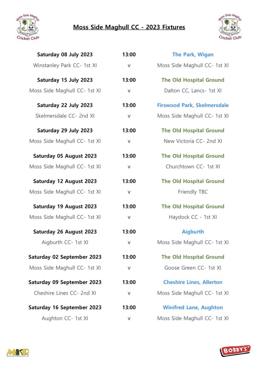 FIXTURES 2023

Here is an easy to view fixture list for the 2023 season, we hope to see as many people as possible at the OHG this season to help support both the team and the club! 

Bring on summer! ☀️🏏🍺
