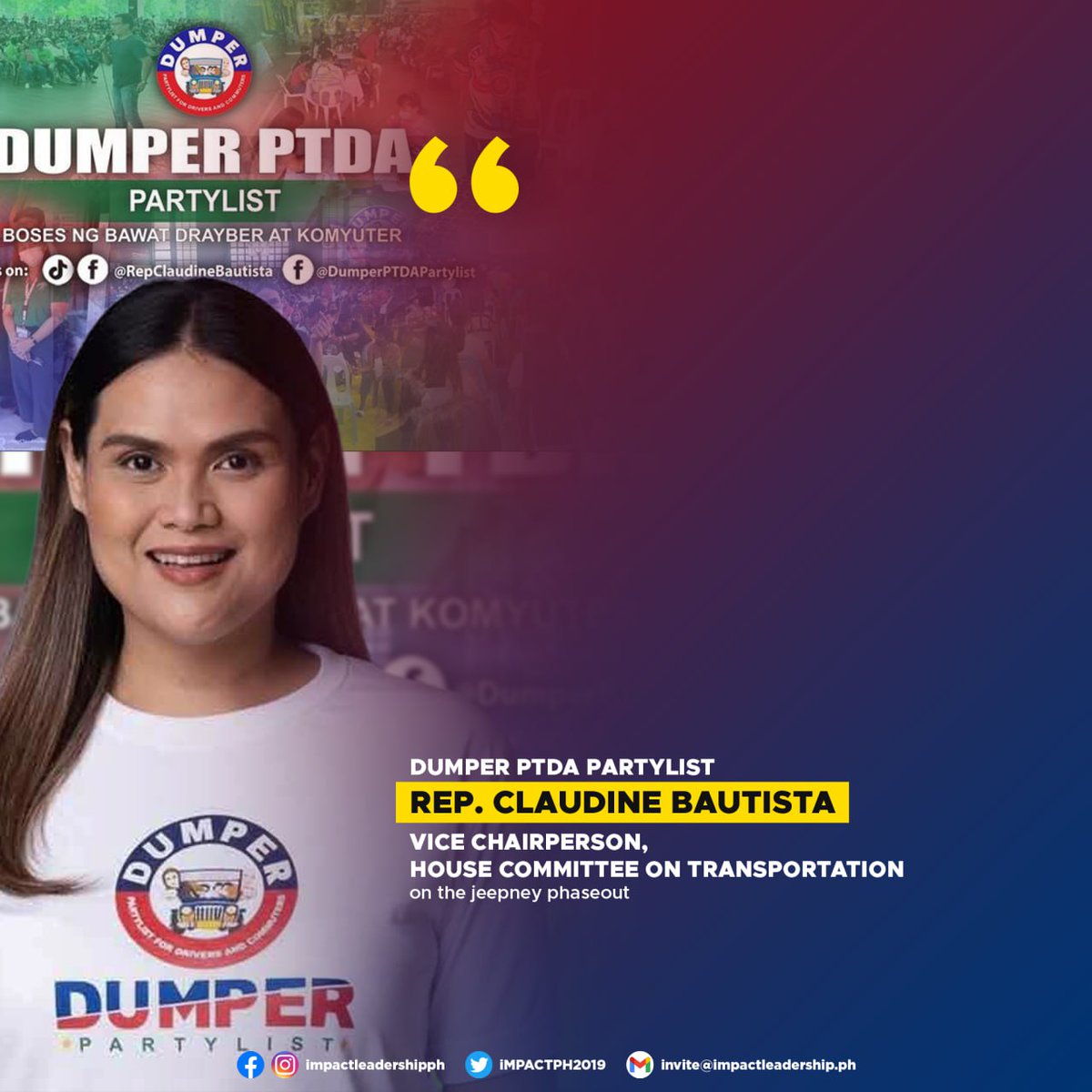 iMPACTPH2019's tweet photo. 'BOSES NG BAWAT DRAYBER AT KOMYUTER'?

READ: DUMPER PTDA Party-list Rep. Claudine Bautista, Vice Chairperson of the House Committee on Transportation, on the jeepney phaseout.

https://t.co/DdkMrFaCLs https://t.co/z8WtOE0LlA