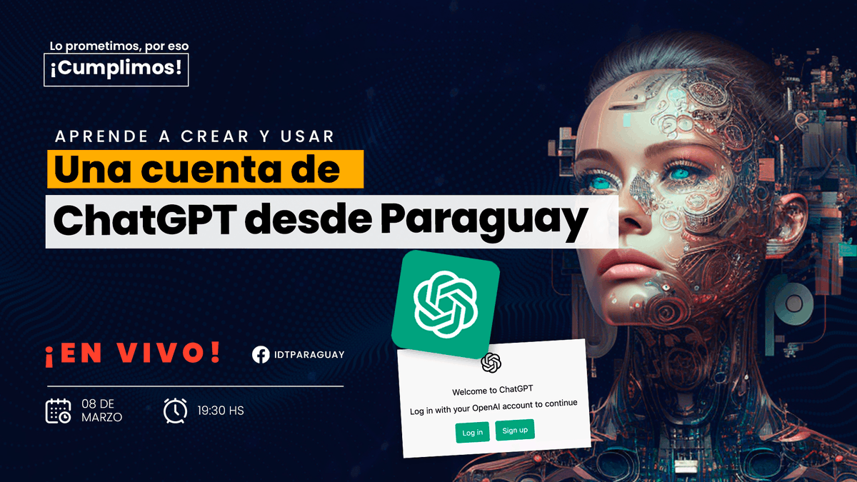 idtparaguay's tweet photo. 🛑☝🏼¡𝗔𝘁𝗲𝗻𝗰𝗶𝗼́𝗻 🇵🇾𝗣𝗮𝗿𝗮𝗴𝘂𝗮𝘆! ¿Querés aprender a crear tu propia cuenta de ChatGPT? ¡Tenemos el webinar perfecto para vos! Sumate al VIVO desde Facebook el próximo miércoles 8 a las 19:30 y descubrí cómo podes crear tu cuenta de manera fácil y rápida.🚀 https://t.co/yvESGvwP40