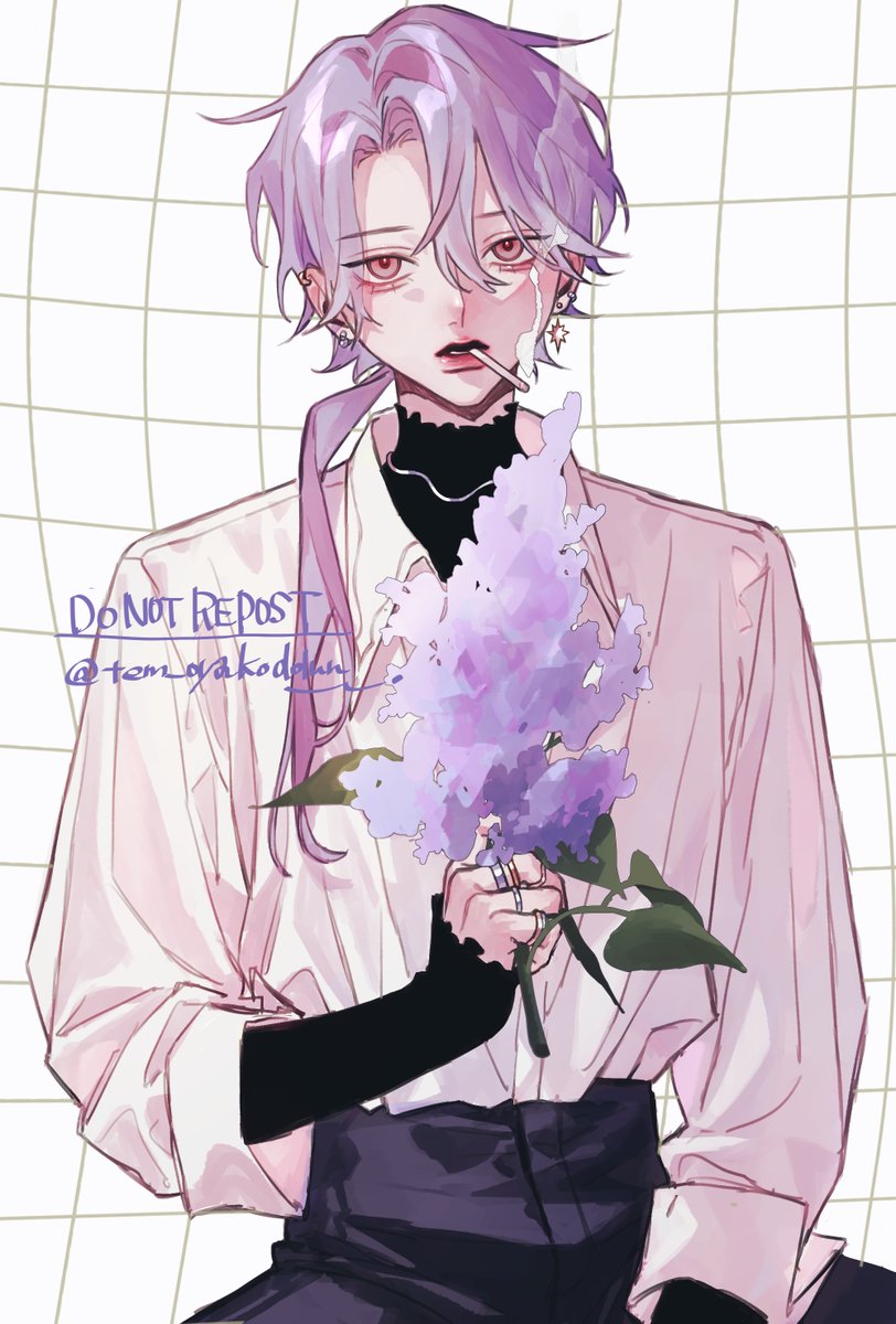 1boy male focus solo flower cigarette holding purple hair  illustration images