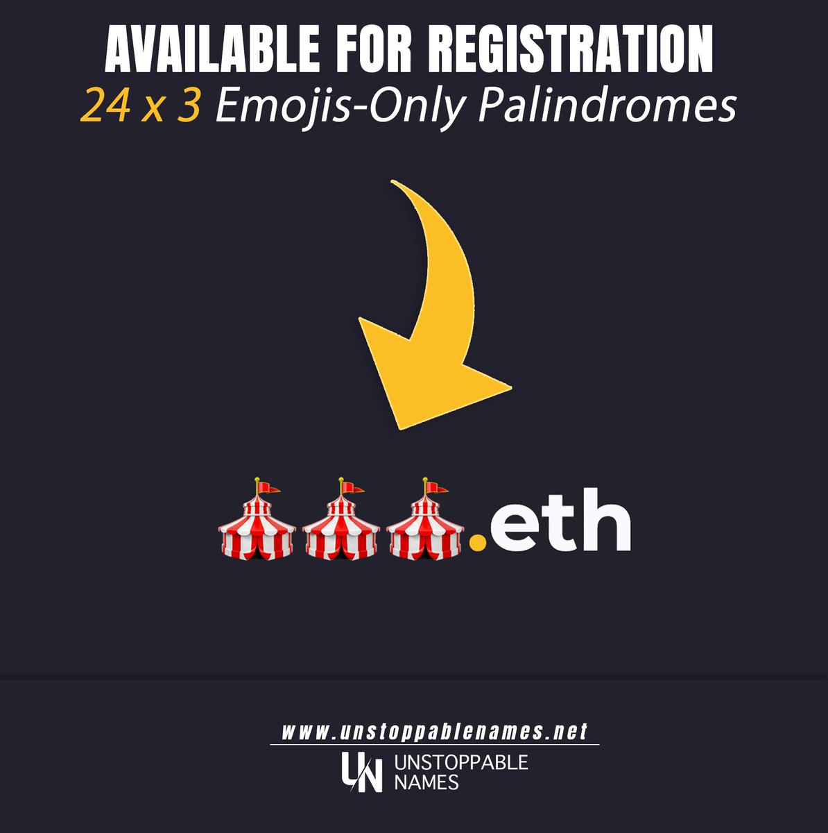 Get a list with 24 available Triple Ethmojis 🔥

Auction is live: swiy.co/24xTripleEthmo…

Register Triple Ethmojis Palindromes on ens vision

#ens #ensd #ensdomains #ethmoji #palindrome #ethdomain #ensvision #Etherium #ETH #WETH #NFT #OpenSeaNFT #emoji #emojidomain #ensvision